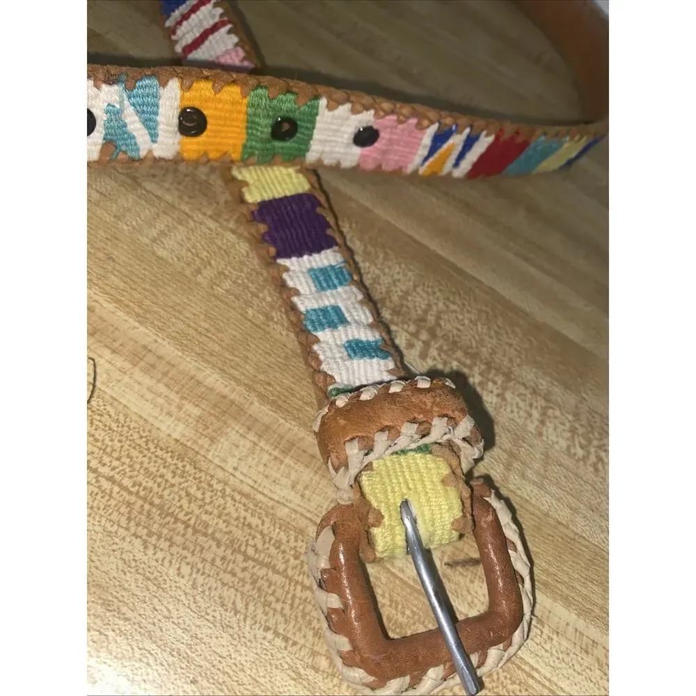 Vintage Leather Woven Belt Guatemala Rainbow Whip Stitch Geometric Western 32”